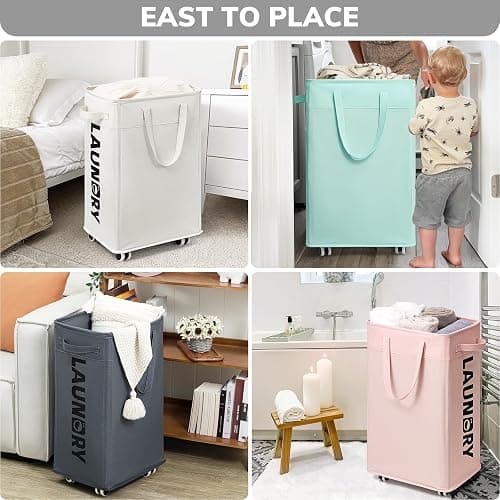 Goodpick Laundry Hamper with Wheels, 75L College Dorm Room Essentials, Clothes Hamper with Removable Wash Bag for Bedroom, Large Laundry Basket with Handle, White thumbnail 8