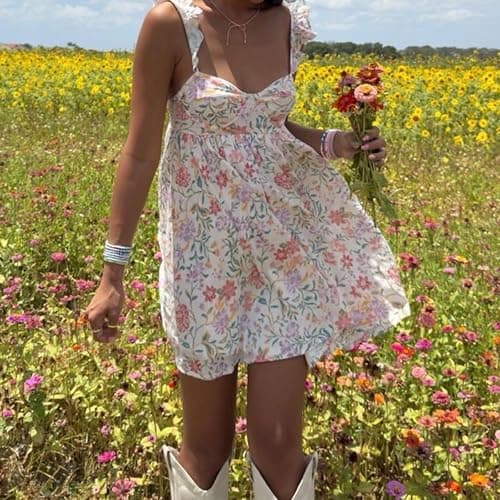 Awoscut Women Cute Babydoll Mini Dress Ruffle Strap Maternity Dresses Summer Y2K Flowy Teens Short Sundress thumbnail 3