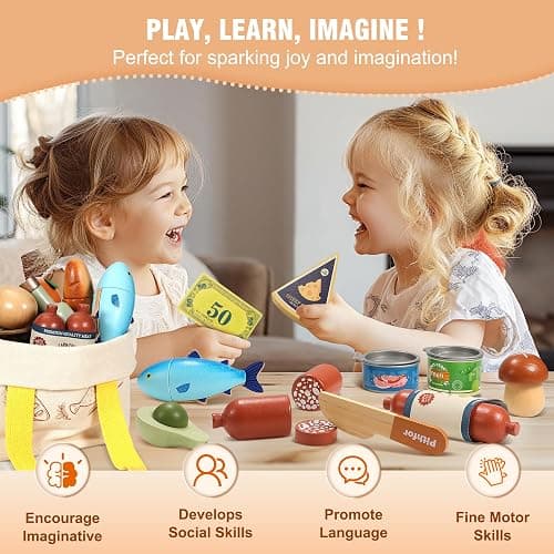 Pithfor Wooden Play Food Set for Kids Toddlers, Grocery Store Pretend Play Food, Pretend Grocery Shopping & Play Kitchen Accessories for Boys Girls thumbnail 7