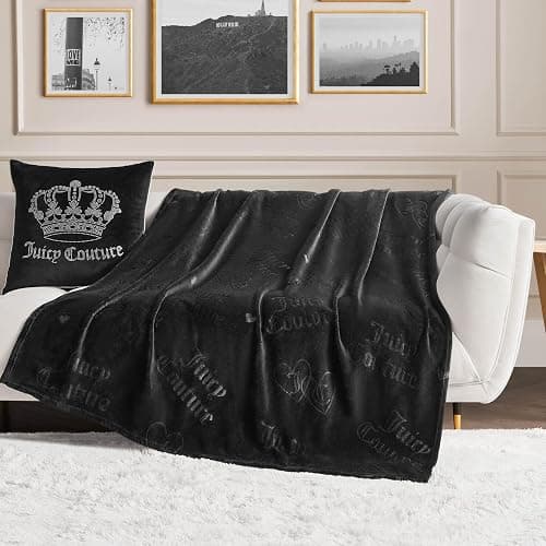 Juicy Couture Embossed Plush 50"x70" Throw Blanket, Embossed Interlocking Hearts Black - Image 1