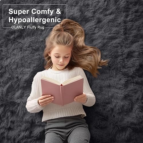 OLANLY Area Rugs for Living Room Bedroom, Machine Washable 4x5.9 ft Soft Fluffy Shaggy Bedside Rug, Indoor Floor Carpet for Kids Girls and Boys, Dorms, Nursery Rooms, Home Decor Aesthetic, Black thumbnail 6
