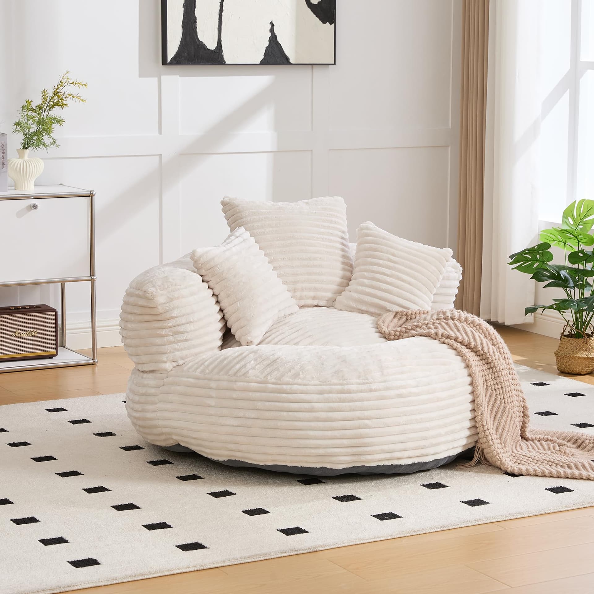 Soweiz Sofa Durable Comfort Lounger High Back Bean Bag Chair Sofa with Three Cushions for Adults and Kids, Single Gaming Couch Chair for Bedroom, Office (Corduroy Fabric Beige) - Image 1