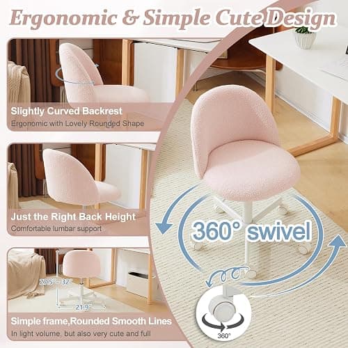 VINGLI Cute Candy Chair Armless Comfy Small Office Desk Vanity Chair with Wheels & Lumbar Support,Teddy Adjustable Rolling Swivel Computer Task Ch for Home Office,Bedroom,Gentle Pink thumbnail 3