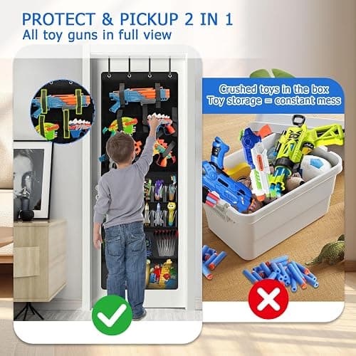 MonBel Over The Door Organizer for Toy Guns, Toy Gun Storage with Practice Target, Toys Storage Door Hanger with Pockets and Slots for Kids Rooms, Game Rooms, Black thumbnail 3