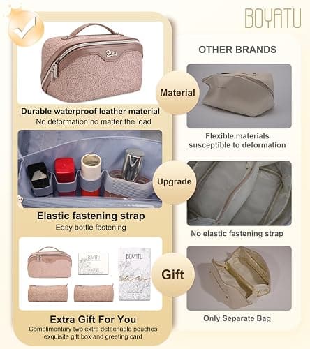 BOYATU Travel Makeup Bags Cosmetic Organizer Bag: 3-Set Large Capacity Make up Bag - PU Leather Toiletry Bags for Women - Wide Open Portable Pouch with Divider & Handle (A-Light Pink) thumbnail 2