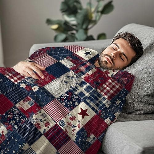 YucZiken Printed Patchwork Country Blanket Throw for Women and Men, Farmhouse Vintage Blanket Gift, Lightweight Fleece Americana Rustic Home Decor, 40"×50" thumbnail 4