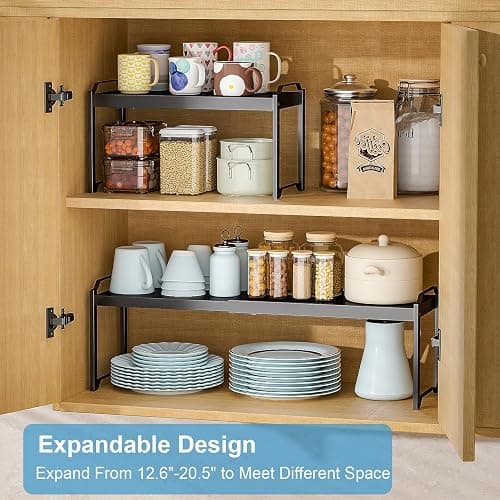 2 Pack Expandable Cabinet Countertop Shelves, Stackable Shelves Organizers For Kitchen Cabinet Countertop Storage, Adjustable Counter Cupboard Pantry Organizer Shelf Rack Stand, Length:20.5" thumbnail 3