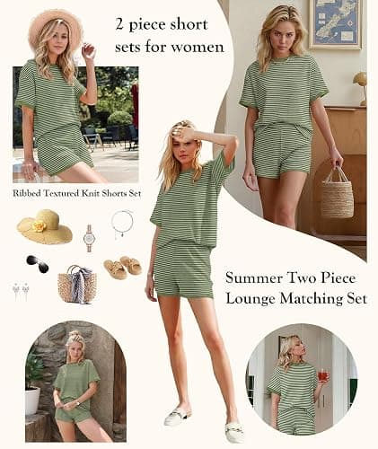 MARZXIN Women 2 Piece Shorts Set 2026 Casual Summer Cruise Outfits Ribbed Loose Short Sleeve Pocket Matching Lounge Sets thumbnail 2