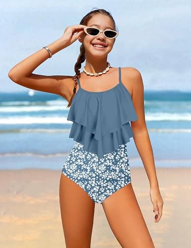 Tomolant Girls Swimsuit Color Block One Piece Swimsuit 2-Tiered Ruffle Bathing Suit Adjustable Strap Girls' Swimwear 7-16Y thumbnail 5