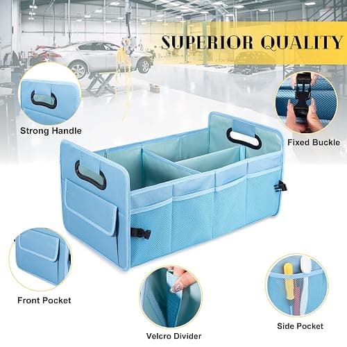 JiatuA Car Trunk Organizer, Car Organizers and Storage Collapsible Multi Compartment Container Box, Adjustable Car Accessories for SUV Sedan Truck, Standard Size, Light Blue thumbnail 2
