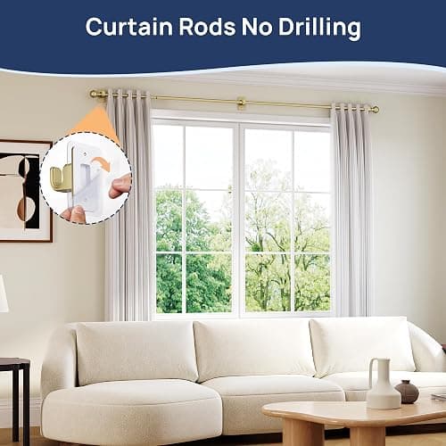 ENJOYBASICS No Drill Curtain Rods for Window 48 to 84 Inches, 5/8 Inch Diameter Renter Friendly Drapery Rod with Adhesive Brackets without Drilling, Adjustable from 27 to 90 Inches, Gold thumbnail 3