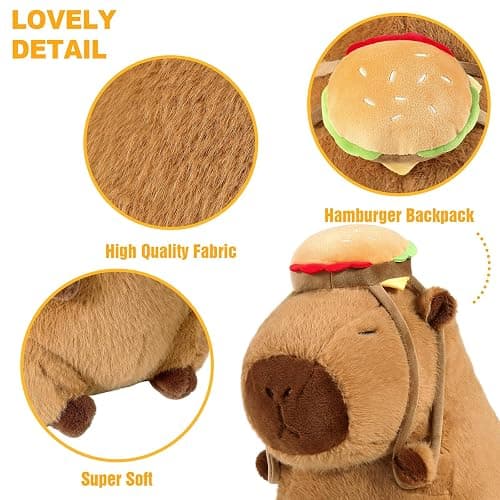 Ditucu Cute Capybara Plush with Hamburger Backpack Soft Capibara Stuffed Animal Plushies Toys Hugging Gifts for Kids Brown 9 inch thumbnail 5