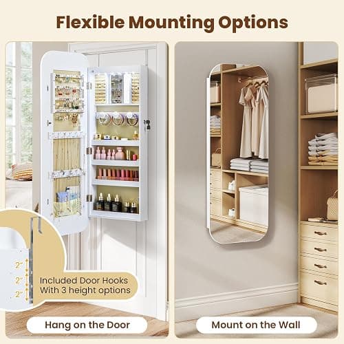 GOFLAME Rounded Mirror Jewelry Cabinet, Wall Mounted Over the Door Jewelry Armoire Organizer, 16.5" x 42.5" Wide Full Length Mirror with Storage, Built-in LED Makeup Mirror, Modern, Lockable, White thumbnail 4