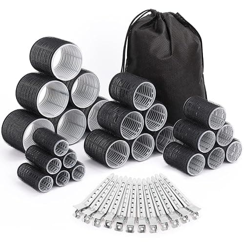 Selizo Hair Curlers 36 Pcs Set with 24Pcs Hair Curlers 4 Sizes and 12 Pcs Hair Clips for Long Medium Short Thick Hair, Black - Image 1