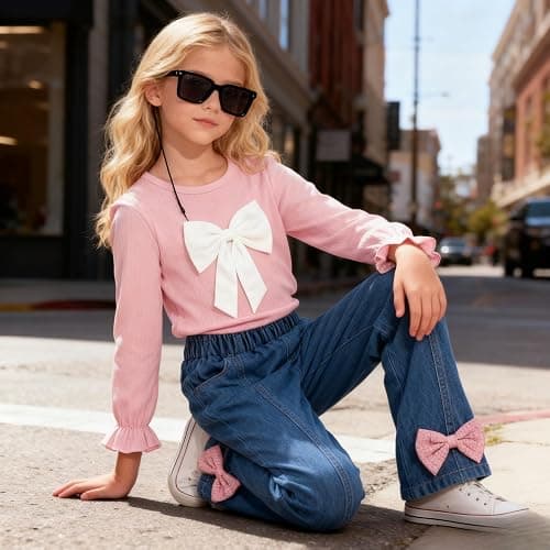 Axumity Kid Girl 2pcs Clothes Spring Summer Outfits Cute Sweet Bowknot Long Sleeve Bowknot Top + Denim Pants Set thumbnail 3