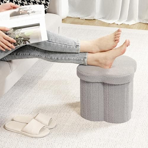 B FSOBEIIALEO Storage Ottoman Cube, Flowers Shaped Ottomans with Storage Foot Stool Footrest for Lving Room, Boucle Ottoman Seat for Dorm Room,Faux Teddy Fur, Grey 12.6"x12.6"x12.6" thumbnail 5