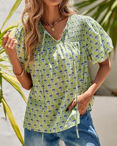 KIRUNDO Boho Tops for Women Summer 2026 Dressy Floral Blouse V Neck Drawstring Short Sleeve Shirts Beach Vacation Clothes thumbnail 6