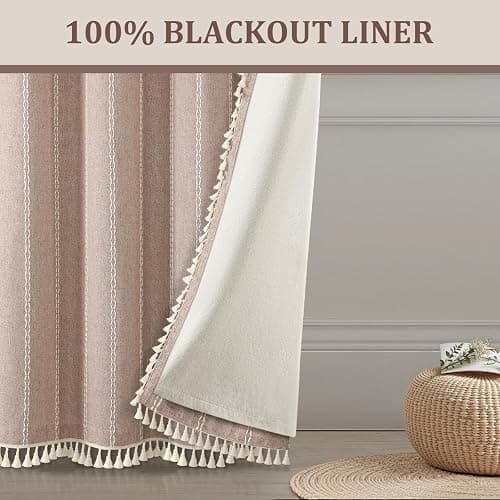 Taupe Boho Blackout Curtains 2 Panels 84 Inch for Living Room Bedroom, Blush Beige Warm Linen Texture Farmhouse Curtains with Tassels and White Cotton Embroidery Vintage Rustic Country Western thumbnail 7