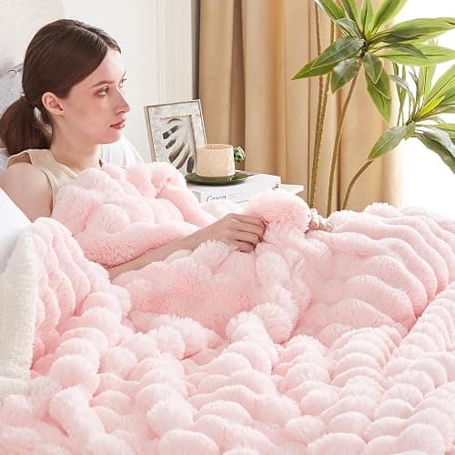 Serenhom 50x60 Inches Ultra-Soft Fuzzy Faux Fur Plush Throw Blanket - Thick, Warm Sherpa for Couch, Sofa, Bedroom, Camping - Decorative Blanket for Cozy Warmth, Bubble Pink thumbnail 4