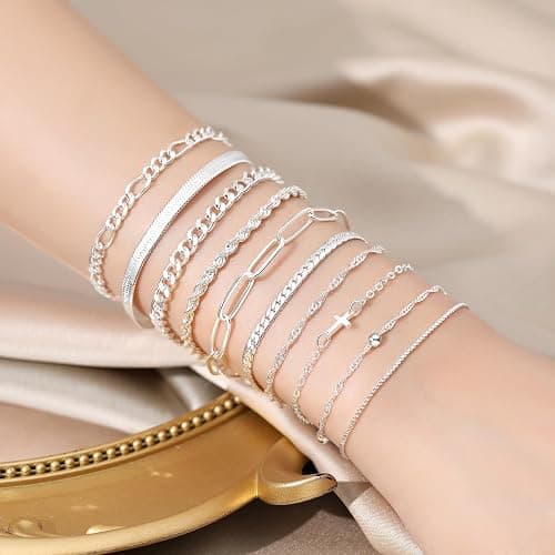 XIANNVXI 10pcs Rose Gold/Gold/Silver Bracelets Stack for Women Dainty Thin Rose Gold Bracelets Set Silver Chain Bracelet Paper Clip Stackable Figaro Herringbone Paperclip Bracelet Pack for Womens thumbnail 3