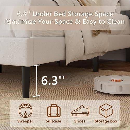 HAOARA Queen Size Velvet Bed Frame with Vertical Chanel Tufted Headboard and Wingback, Upholstered Platform Bed, No Box Spring Needed, Strong Wooden Slats, White thumbnail 5