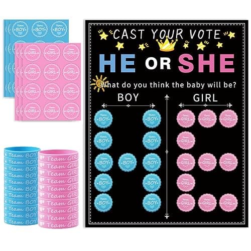 93 Pcs Gender Reveal Party Deko, Geschlecht Verkünden 1 Stück Abstimmung Poster 72 Stück Offenbaren Aufkleber 20 Pcs Team Girl or Boy Deko Silikon Armbänder für Gender Reveal Baby Shower Party - 93pcs - Image 1