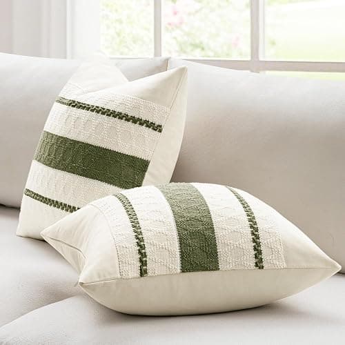 Woaboy Set of 2 Decorative Pillow Covers Boho Farmhouse Couch Throw Pillows Modern Cotton Cushion Covers Macrame Woven Spring Home Decor for Bed Sofa Chair 18x18 Inch Olive Green thumbnail 5