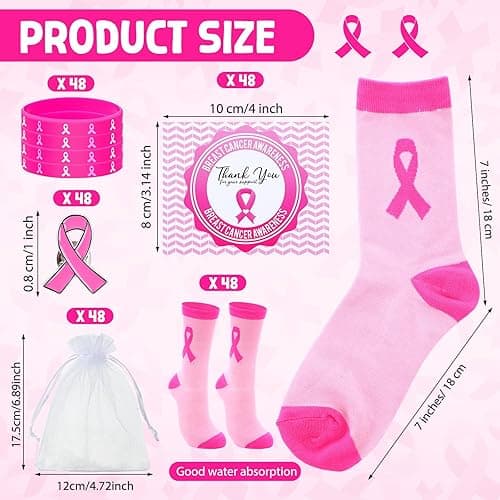 Shyyween Breast Cancer Awareness Sock Gifts Include Pink Ribbon Socks Silicone Bracelets Pink Lapel Pins Thank You Card Organza Bags for Breast Cancer Charity Event Survivor Campaign Supplies thumbnail 3