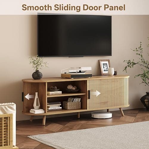 EPLICEMR 55 inch TV Stand with Power Outlet, Fluted Entertainment Center for TVs Up to 60 inch, Modern TV Console with Large Storage & Sliding Doors, Media Console for Living Room|Bedroom, Nature Oak thumbnail 5