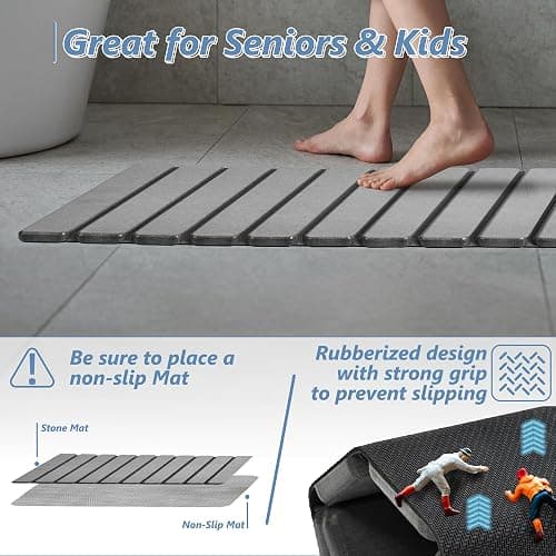 AWW Foldable Stone Bath Mat, Super Absorbent Diatomaceous Earth Mats, Non-Slip 23.6 x 15.5 Inch Quick Drying Mat, Compact and Easy to Store Bath Mats for Bathroom, Easy to Clean, Grey thumbnail 3