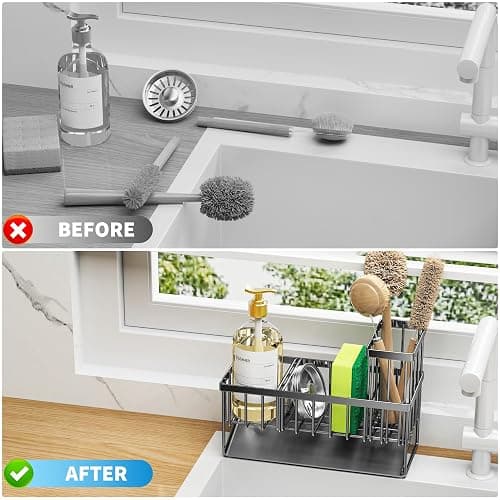 Cisily Kitchen Sink Caddy Organzier with High Brush Holder, Sponge Holder for Sink, 304 Rustproof Stainless, Kitchen Countertop Soap Dispenser Organizer, Kitchen Decor and Accessories (Black) thumbnail 6