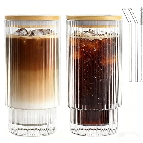 AFINSEA 16OZ Ribbed Glass Cups with Lids and Straws,Iced Coffee Cups with Bamboo Lid,Vintage Glassware for Whiskey Cocktail Beer Fruit Juice Glasses Tumbler(2 Pack) - Image 1