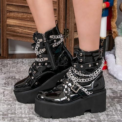 Parisuit Womens Goth Patent Ankle Boots Platform Chunky High Heel Lace Up Combat Boots Punk Short Booties thumbnail 8