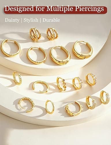 8 Pairs Gold Hoop Earrings Set for Women, 14K Gold Plated Stackable Gifts | Lightweight Hypoallergenic, CZ, Multiple Style Piercing, Comfortable for Daily Wear, Endless Jewelry thumbnail 7