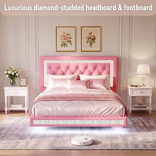 FreeHouse Floating Bed Frame Queen with LED Lights, Faux Leather Upholstered Bed Frame with Diamond Tufted Headboard, Solid Wood Slats, Noise Free, No Box Spring Needed, Easy Assembly,Pink thumbnail 8