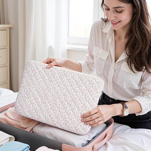 Shiprabags 13-14 inch Cotton Quilted Laptop Sleeve for Women, Aesthetic Puffy Laptop Case Carrying Bag Compatible with MacBook Air/Pro 13/Pro 14, Soft Computer Liner Bag (Pink Floral, 13.3 inch) thumbnail 6