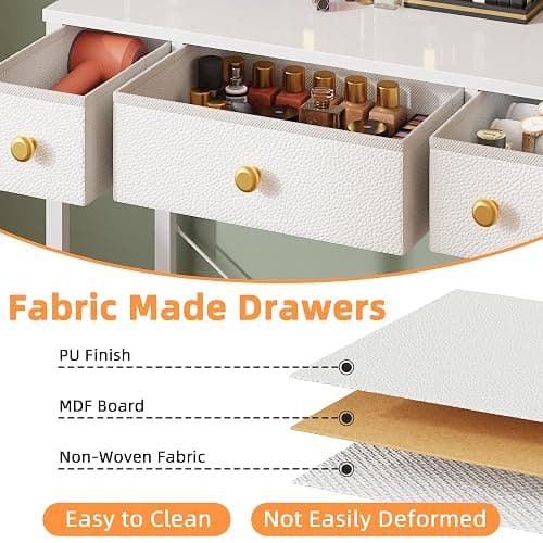 HIGDBFE Small Makeup Vanity Desk 27.5''W with Mirror and Lights, Vanity Desk with 3 Fabric Drawers and Height-Adjustable Stand, Vanity Table for Girls Gifts, Bedroom and Small Spaces, White thumbnail 8