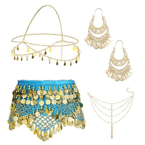 ORAZIO 4 Sets Women's Belly Dance Accessories, Hip Scarf Wrap Belt, Small Coins Hair Chain Tassel Anklet Bracelet - Image 1