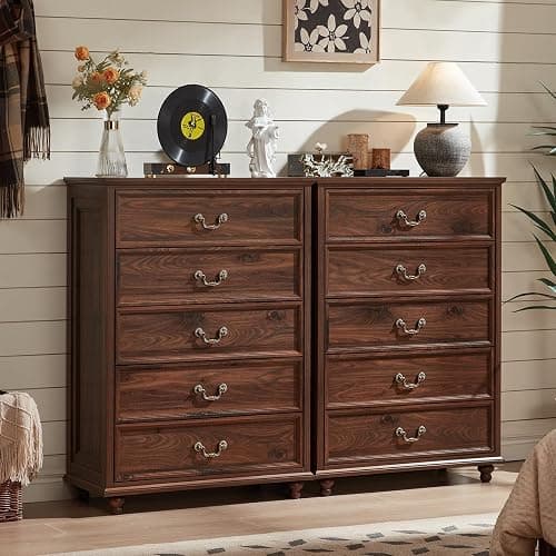 Joaxswe Farmhouse 5 Drawer Dresser for Bedroom, 45" Tall Rustic Chests of Drawers w/ 4 Solid Wood Feet, Mid Century Modern Wooden Closet Storage Dressers Organizer for Living Room, Hallway, Brown thumbnail 3