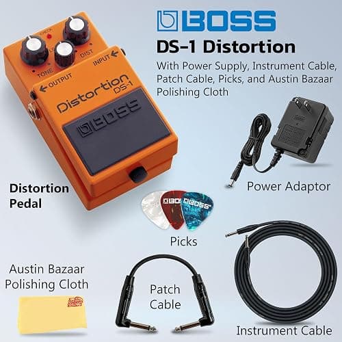 Boss DS-1 Distortion Bundle with Gearlux Power Supply, Instrument Cable, Patch Cable, Picks, and Austin Bazaar Polishing Cloth thumbnail 2