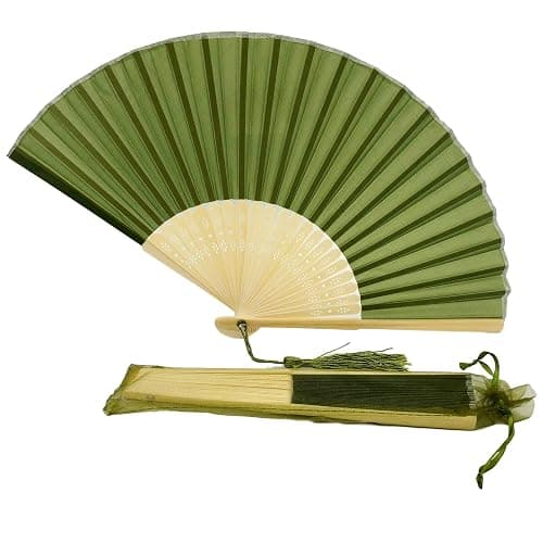 FANSOF.FANS Fabric Handheld Folding Hand Fan With a Tassel Grade A Bamboo Ribs for Women Girls Summer Party Event Favor Birthday Wedding Souvenir Gift (Moss/Olive Green) - Image 1
