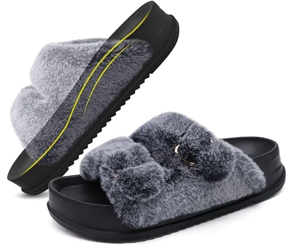 KuaiLu Women's Fluff Slippers Plantar Fasciitis Arch Support Platform Slippers Ladies Fashion Open Toe Faux Fur Sliders Womens House Slipper Size 6-12 thumbnail 8
