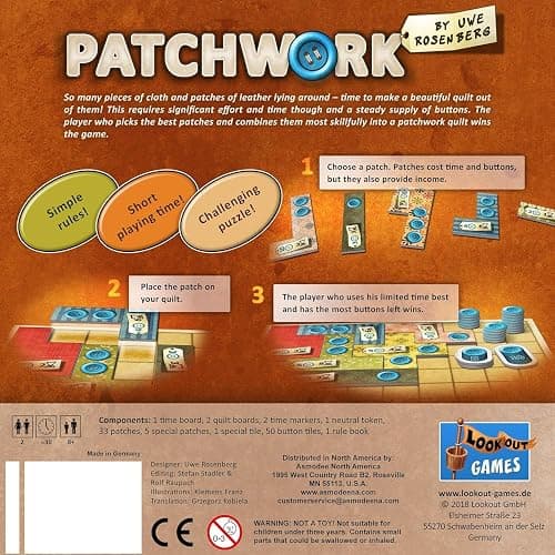Patchwork Board Game - A Two-Player Quilting Strategy Game by Uwe Rosenberg! Interactive Puzzle Game for Kids & Adults, Ages 8+, 2 Players, 30 Minute Playtime, Made by Lookout Games thumbnail 3