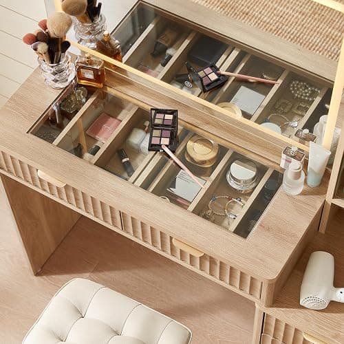LEYAOYAO Vanity Desk with Mirror and Lights, 43.5'' Fluted Makeup Vanity with 6 Drawers and Adjustable Shelves, Natural Wood Make Up Vanity Dressing Table with Glass Top and Power Outlet for Bedroom - Natural Wood thumbnail 4