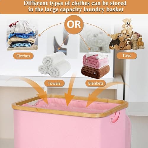 iEGrow Laundry Hamper with Lid, 110L Large Laundry Basket with Handle and Lid, Collapsible Clothes Basket Organizer with Removable Inner Bag for Clothes Toys Towels,Pink thumbnail 5
