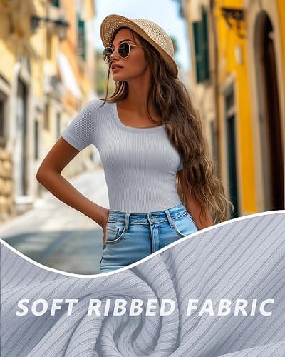 Ficerd 3 Pack Women's Short Sleeve Scooped Neck T Shirts Tops Basic Ribbed Knit Tee Slim Fit Solid Color Shirt thumbnail 6