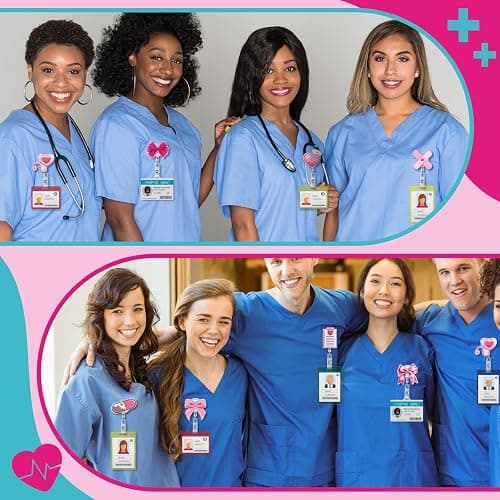 XunYee 8 Pack Pink Bow Nurse Badge Reels Xmas Retractable ID Name Nursing Medical Reels Badge Holder Christmas Stocking Gift for Nursing Student, ID Card Office Nurses Student, Teacher, Medical Worker thumbnail 5