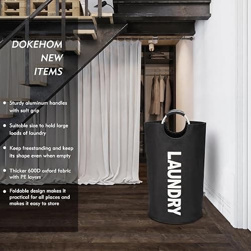 DOKEHOM 90L Large Laundry Basket Bag, Collapsible Tall Hamper, Black | Freestanding tall washing bin & foldable laundry bag. High-capacity clothes storage basket with durable sturdy handles thumbnail 4