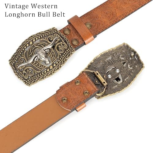 HinyBoeh Western-PU-Leather-Belts for Men and Women Cowboy-Cowgirl Longhorn-Bull-Pattern-Engraved-Buckle-Belt for Unisex thumbnail 3