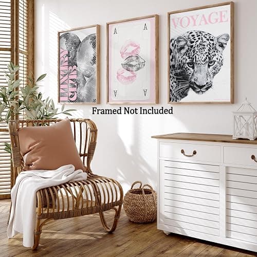 3Pcs Pink Lip Prints Poker Canvas Wall Art，Trendy Disco Ball Poster Print, Black And White Cheetah Wall Decor For Girly Room Apartment Dorm 8X12 in Unframed-Canvas Rolled Up thumbnail 6